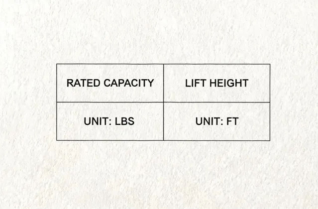 Specification table with capacity and lift units
