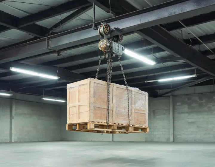 Warehouse 5 ton chain hoist lifting a palletized load under a steel beam