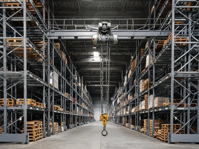 Warehouse bay using an overhead chain hoist